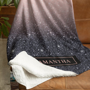 Modern Black & Pink Glitter Sparkles Name Sherpa Blanket