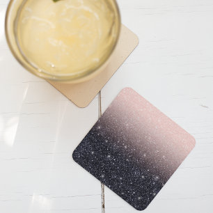 Modern Black & Pink Glitter Sparkles Name Square Paper Coaster