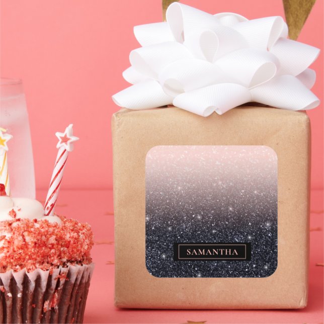 Modern Black & Pink Glitter Sparkles Name Square Sticker (Party)