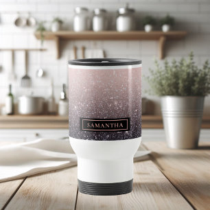 Modern Black & Pink Glitter Sparkles Name Travel Mug