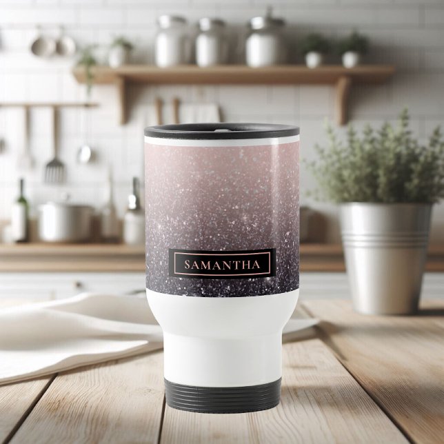 Modern Black & Pink Glitter Sparkles Name Travel Mug (Creator Uploaded)