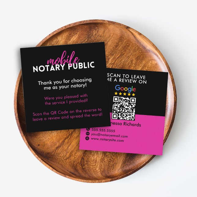 Modern Black & Pink Google Review QR Code Notary  Square Business Card (Creator Uploaded)