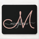 Modern Black Pink Handwritten Name Monogrammed Mouse Pad<br><div class="desc">Modern, elegant, minimalist black and pink custom personalised name monogrammed mouse pad. This design features a huge hand-written monogram initial and first name text template in pink, white colour on black background. The first name text template is written in a pretty hand lettered script font with swashes. If you want...</div>