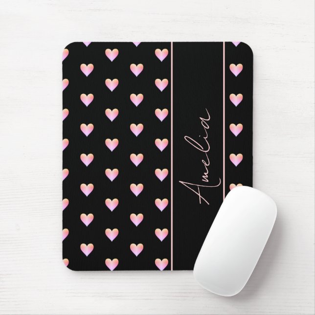 Modern Black Pink Hearts Personalised Name Mouse Pad (With Mouse)