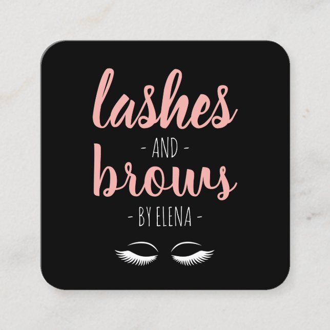 Modern black & pink lashes and brows square business card (Front)