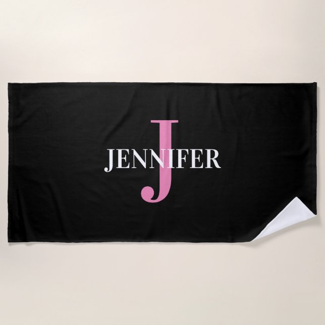 Modern Black Pink Minimalist Monogram Name  Beach Towel (Front)