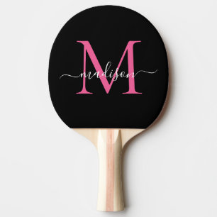 Modern Black Pink Monogram Elegant Script Name Ping Pong Paddle