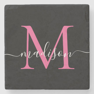 Modern Black Pink Monogram Feminine Script Name Stone Coaster