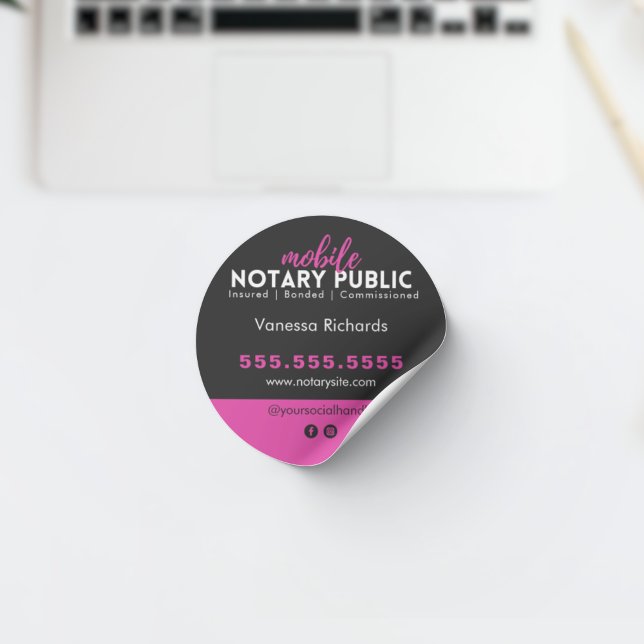 Modern Black Pink Notary Public Business Marketing Classic Round Sticker (Creator Uploaded)