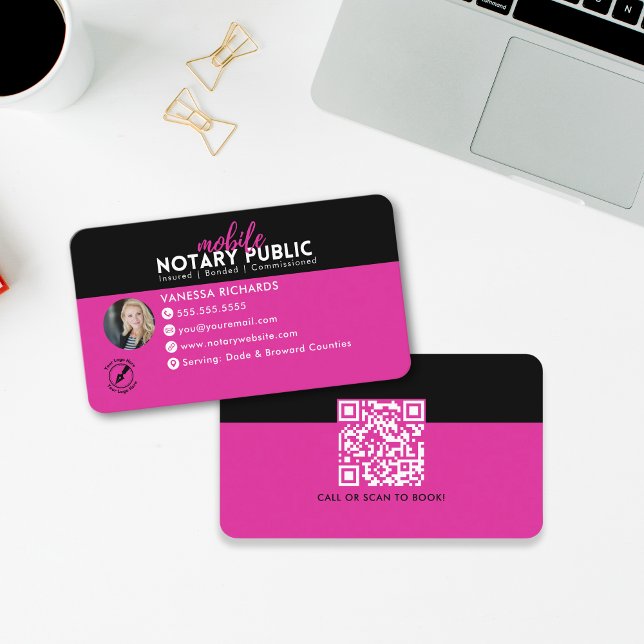 Modern Black Pink Notary Signing business QR Code Business Card (Creator Uploaded)