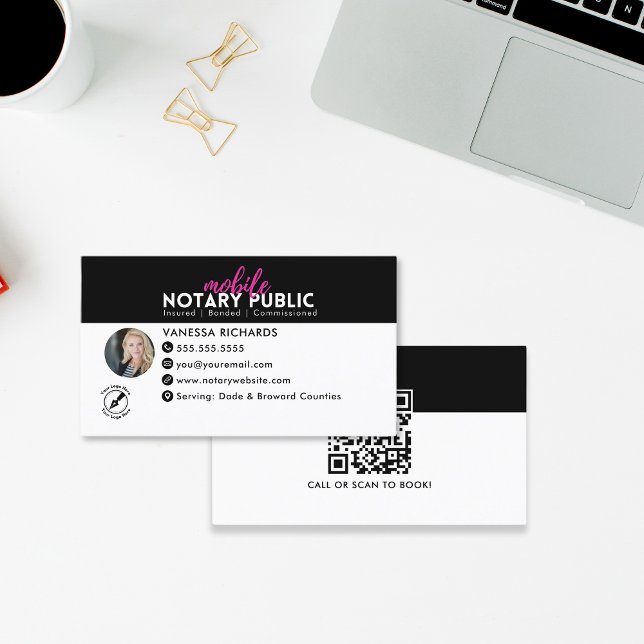 Modern Black Pink Notary Signing business QR Code Business Card (Creator Uploaded)