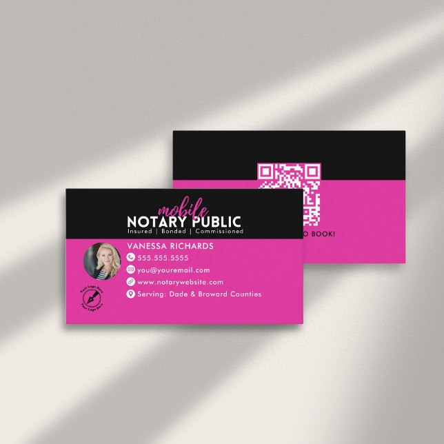Modern Black Pink Notary Signing business QR Code Business Card (Creator Uploaded)