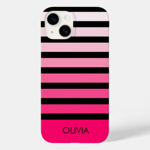 Modern Black Pink Ombre Striped Personalised Name Case-Mate iPhone 14 Case