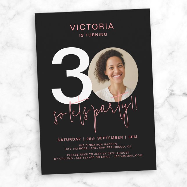 Modern Black Pink Photo 30th Birthday  Invitation (Modern Black Pink Photo 30th Birthday Invitation)