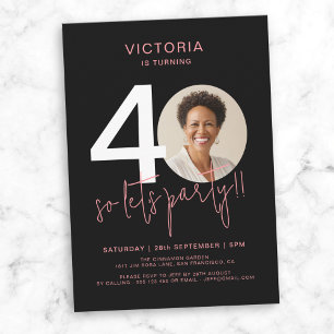 Modern Black Pink Photo 40th Birthday  Invitation
