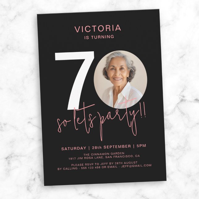 Modern Black Pink Photo 70th Birthday  Invitation (Modern Black Pink Photo 70th Birthday Invitation)