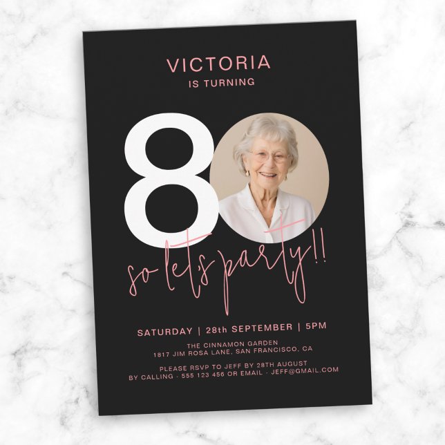 Modern Black Pink Photo 80th Birthday  Invitation (Modern Black Pink Photo 80th Birthday Invitation)