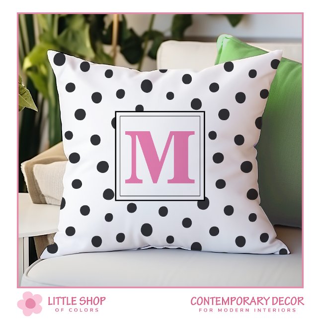 Modern Black Pink Polka Dots Monogram Cushion (Creator Uploaded)