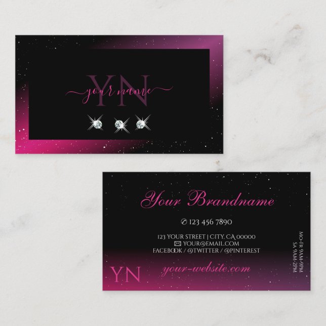 Modern Black Pink Purple Sparkle Diamonds Monogram Business Card (Front/Back)