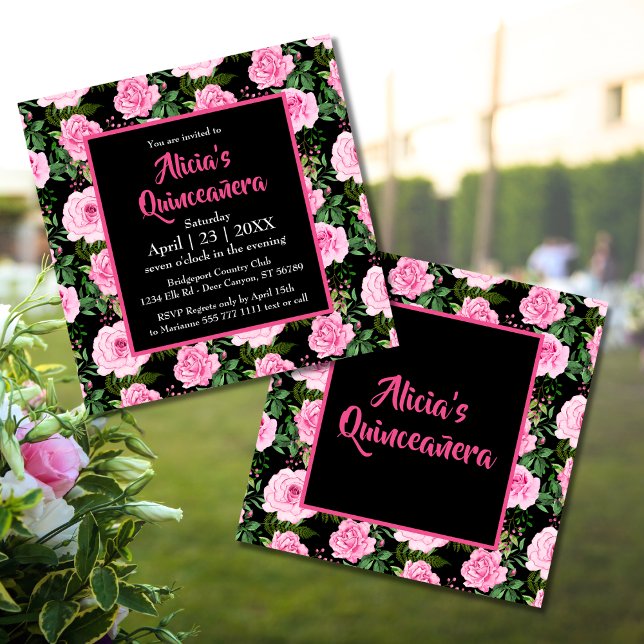 Modern Black Pink Roses Quinceañera Invitation (Creator Uploaded)