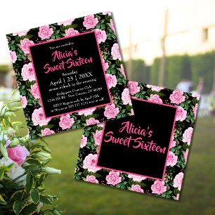 Modern Black Pink Roses Sweet Sixteen Birthday