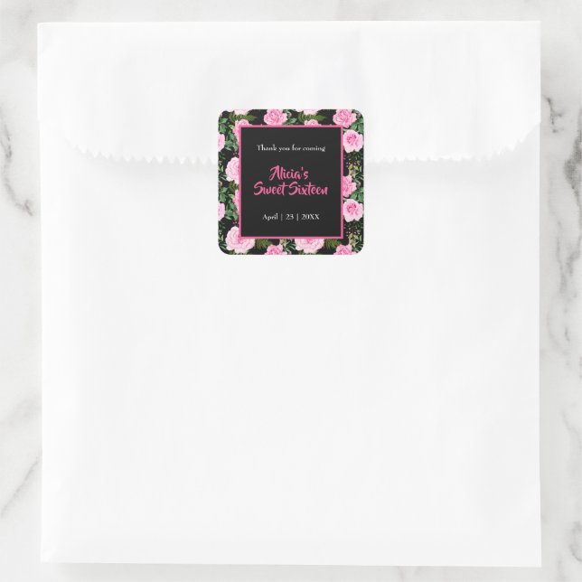 Modern Black Pink Roses Sweet Sixteen Thank You Square Sticker (Bag)