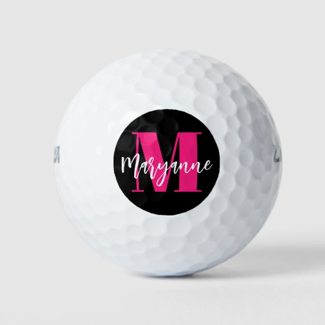 Modern Black Pink Script Monogram Initial Golf Balls (Front)