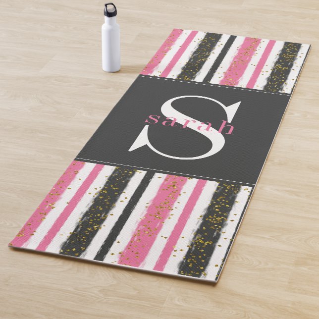 Modern Black Pink Stripe Glitter Monogram Yoga Mat (In Situ)