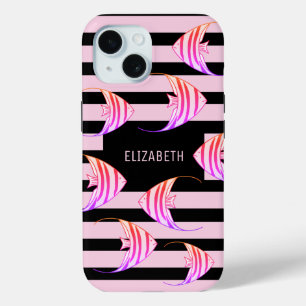 Modern Black Pink Striped Angel Fish Personalised iPhone 15 Case