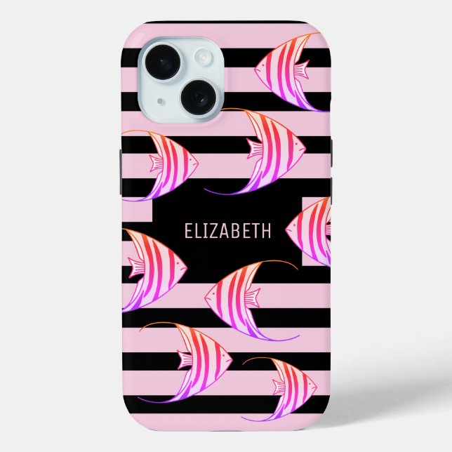 Modern Black Pink Striped Angel Fish Personalised Case-Mate iPhone Case (Back)