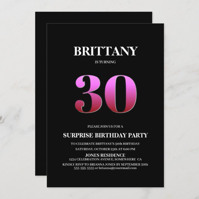 Modern Black Pink Surprise 30th Birthday Invitation (Front/Back)