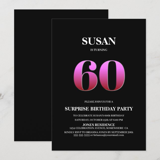 Modern Black Pink Surprise 60th Birthday Invitation (Front/Back)