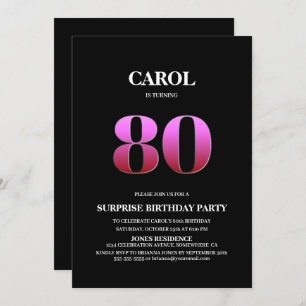 Modern Black Pink Surprise 80th Birthday Invitation