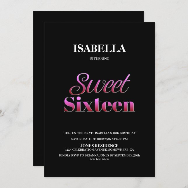 Modern Black Pink Sweet 16 Birthday Invitation (Front/Back)