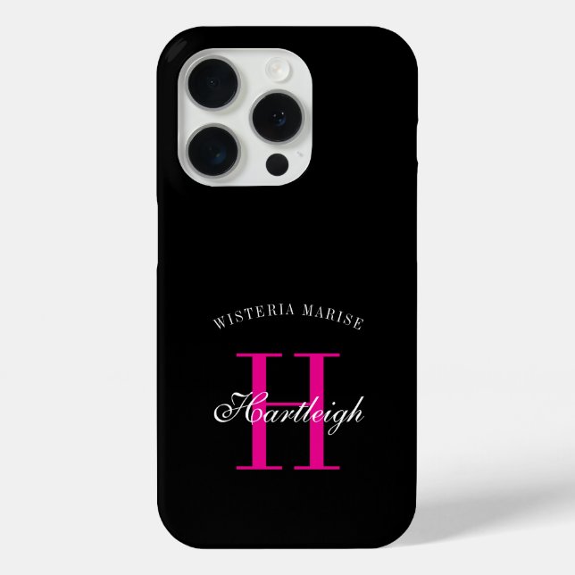 Modern Black Pink White Monogram Name Case-Mate iPhone Case (Back)