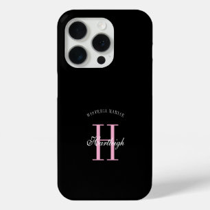 Modern Black Pink White Monogram Name iPhone 15 Pro Case