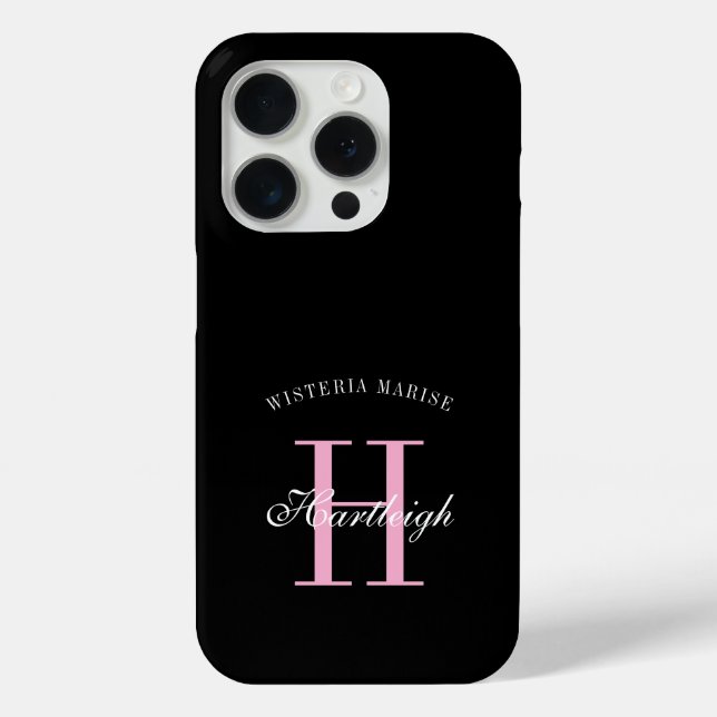 Modern Black Pink White Monogram Name Case-Mate iPhone Case (Back)