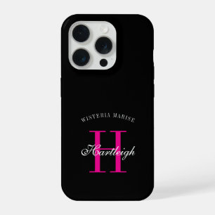 Modern Black Pink White Monogram Name iPhone 15 Pro Case