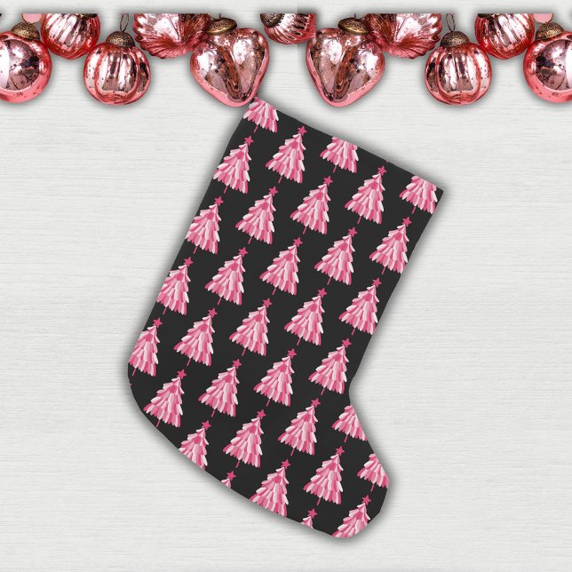 Modern Black & Pink Woodland Christmas Tree Small Christmas Stocking (Modern pink and black Christmas tree woodland forest pattern Christmas Stocking)