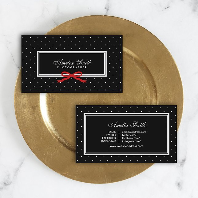 Modern Black Polka Dot Red Ribbon Social Media Business Card (Creator Uploaded)