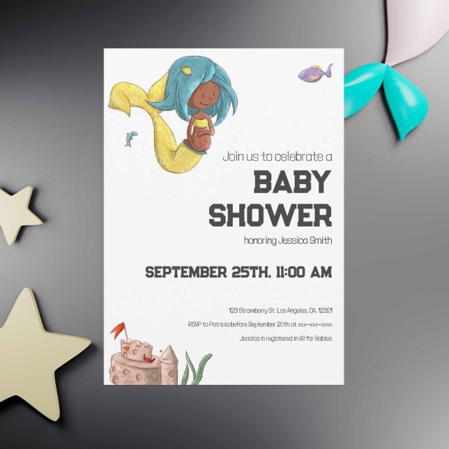 Modern Black Pregnant Mermaid Neutral Baby Shower Invitation (Cute Black pregnant mermaid gender neutral baby shower in yellow and blue colors. Exclusive design.)