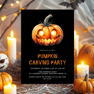 Modern Black Pumpkin Carving Party Halloween Invitation