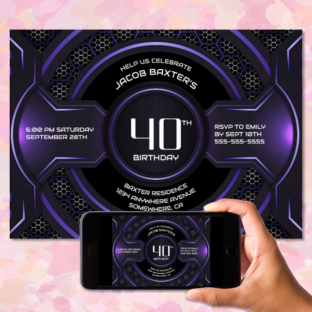 Modern Black Purple 40th Birthday Party Invitation (Creator Uploaded)