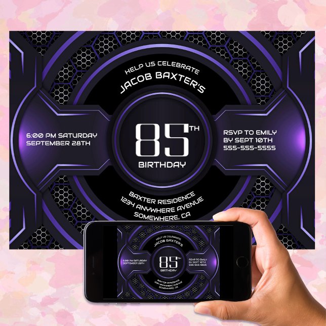 Modern Black Purple 85th Birthday Party Invitation (Creator Uploaded)