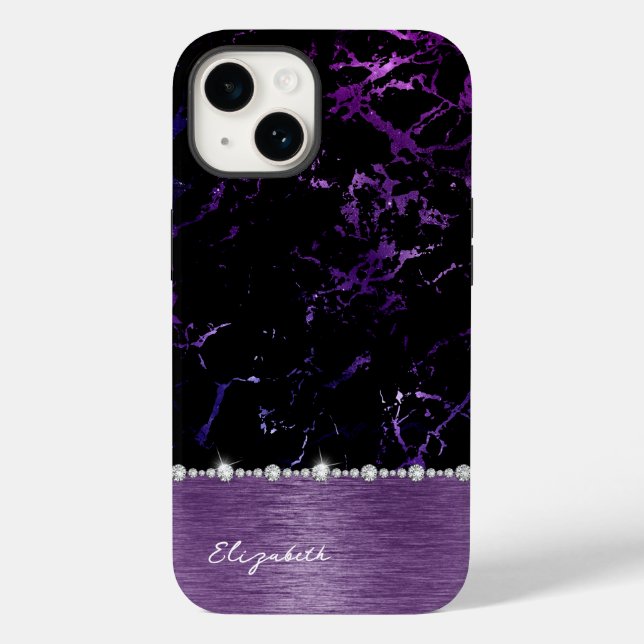 Modern Black Purple Marble Faux Glitter Monogram Case-Mate iPhone Case (Back)