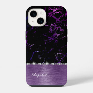 Modern Black Purple Marble Faux Glitter Monogram iPhone 14 Case