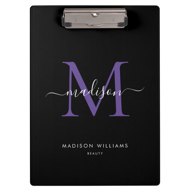 Modern Black Purple Monogram Elegant Script Name Clipboard (Front)