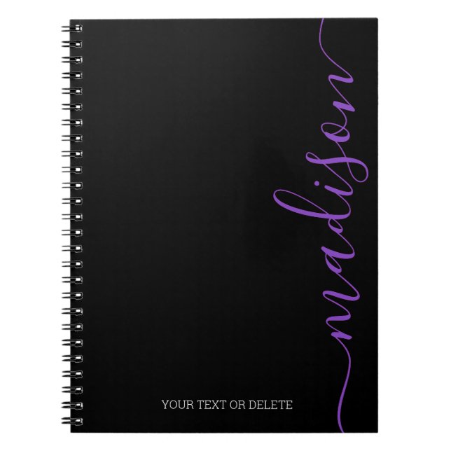 Modern Black Purple Name Monogram Initial Notebook (Front)