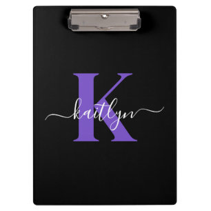 Modern Black Purple Script Monogram Clipboard