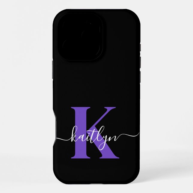 Modern Black Purple Script Monogram iPhone Case (Back)